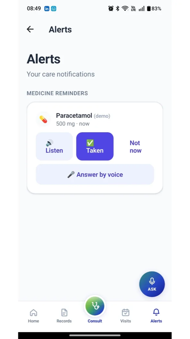Solace Health medicine reminder with listen and answer by voice