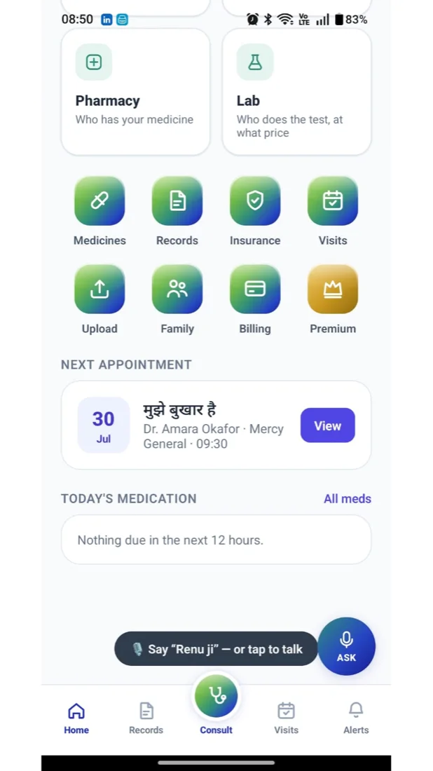 Solace Health patient app home with pharmacy, lab, records and next appointment
