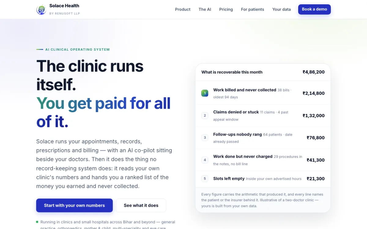 solacehealth.in home page: The clinic runs itself
